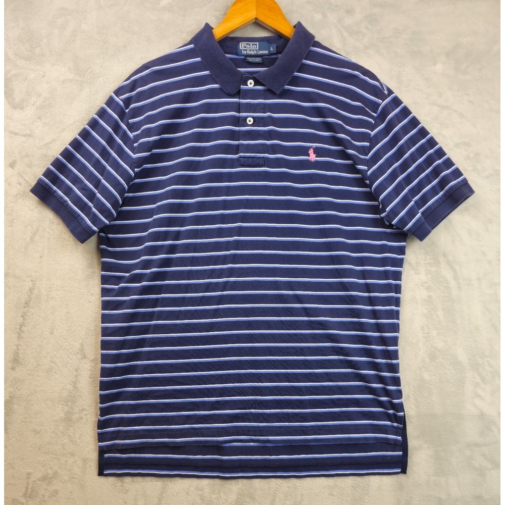 Vtg Polo Ralph Lauren Polo Shirt Mens LARGE Navy Pima Cotton Striped Pink Logo